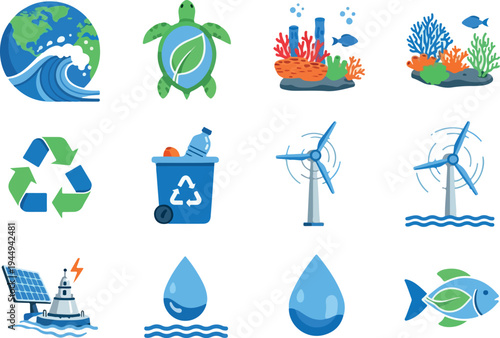 Eco-friendly icons representing environmental conservation, renewable energy, and marine life protection