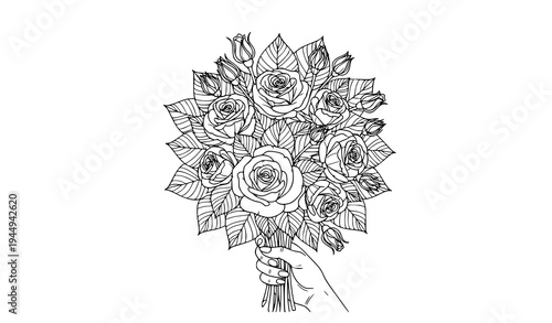 Intricate black and white line art illustration of a hand held bouquet of roses arranged in a circular floral composition. The design features blooming roses, rosebuds, and layered leaves with detaile
