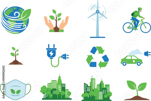 Eco-friendly living and sustainable energy source icons for a green planet concept
