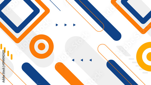 High-impact white background featuring energetic orange and navy blue shapes for a modern and friendly brand identity