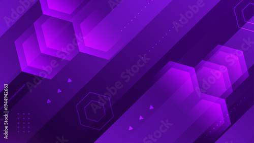 Vibrant purple and violet abstract background with geometric hexagons and glowing tech patterns