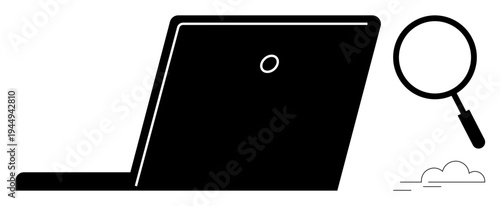 Online search concept. Laptop and magnifying glass icon online search and information retrieval. Online search used for research, data analysis, browsing, and knowledge discovery. Technology