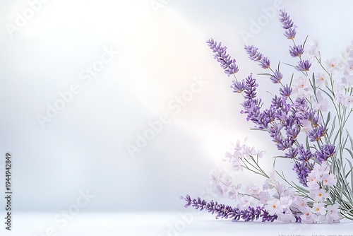 Elegant Arrangement of Purple Lavender and White Flowers on Soft Pale Background