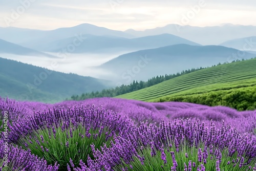 Serene Lavender Fields Under Soft Morning Light with Mountains in the Background