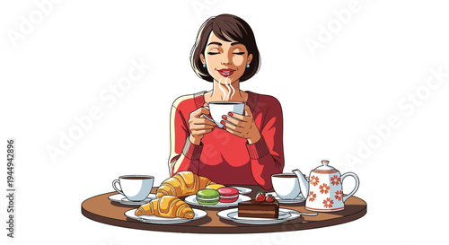 Woman enjoying a delicious morning breakfast with coffee and pastries