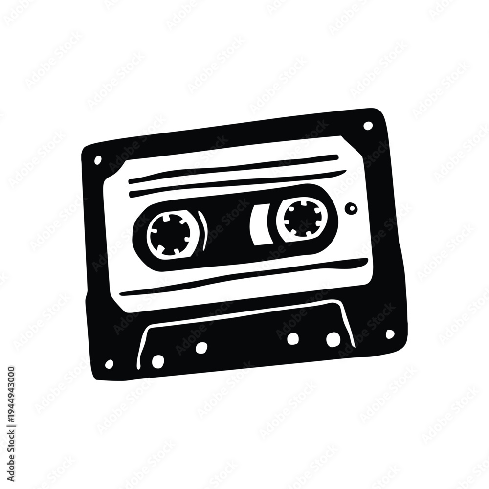 Fototapeta premium Black and white illustration of hand drawn style cassette tape vintage vector art