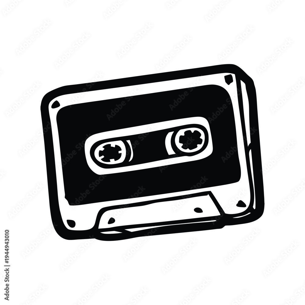 Fototapeta premium Black and white illustration of hand drawn style cassette tape vintage vector art