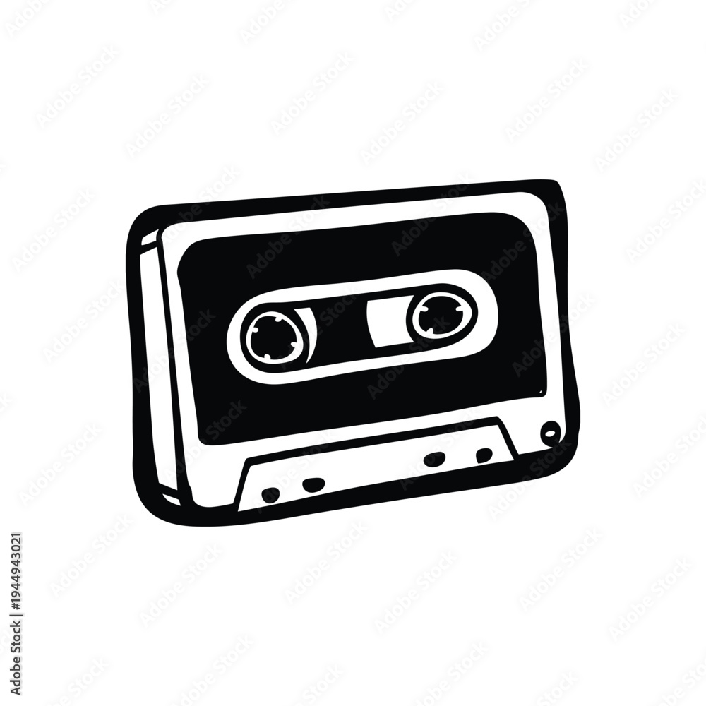 Fototapeta premium Black and white illustration of hand drawn style cassette tape vintage vector art