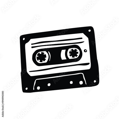 Black and white illustration of hand drawn style cassette tape vintage vector art
