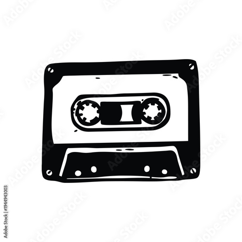 Black and white illustration of hand drawn style cassette tape vintage vector art