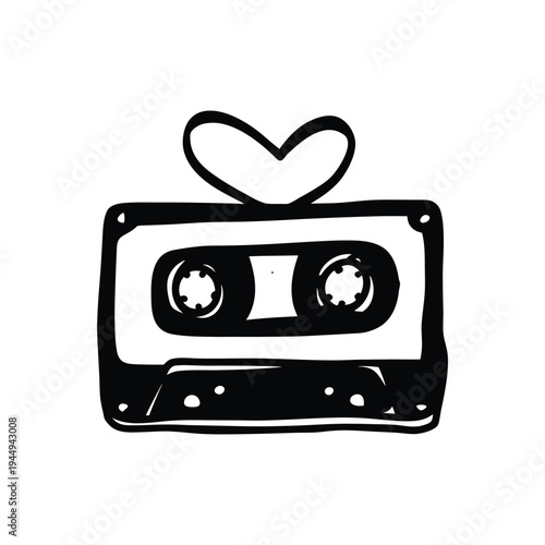 Black and white illustration of hand drawn style cassette tape vintage vector art