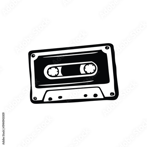 Black and white illustration of hand drawn style cassette tape vintage vector art
