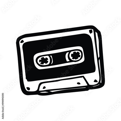 Black and white illustration of hand drawn style cassette tape vintage vector art