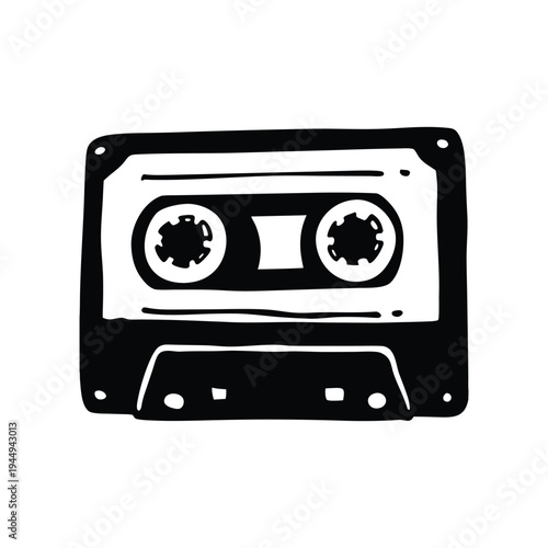 Black and white illustration of hand drawn style cassette tape vintage vector art