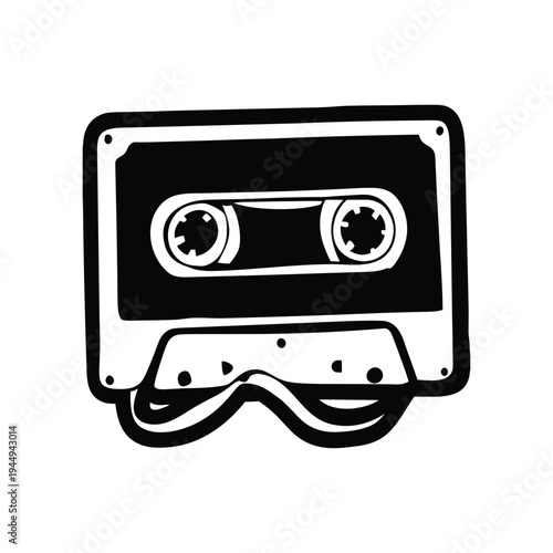 Black and white illustration of hand drawn style cassette tape vintage vector art