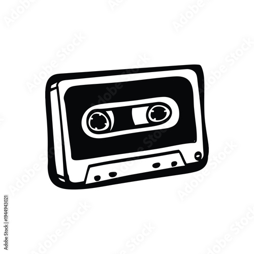 Black and white illustration of hand drawn style cassette tape vintage vector art