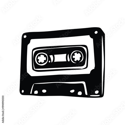 Black and white illustration of hand drawn style cassette tape vintage vector art