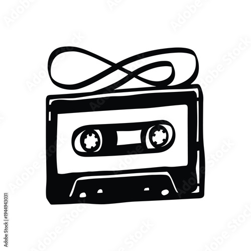 Black and white illustration of hand drawn style cassette tape vintage vector art