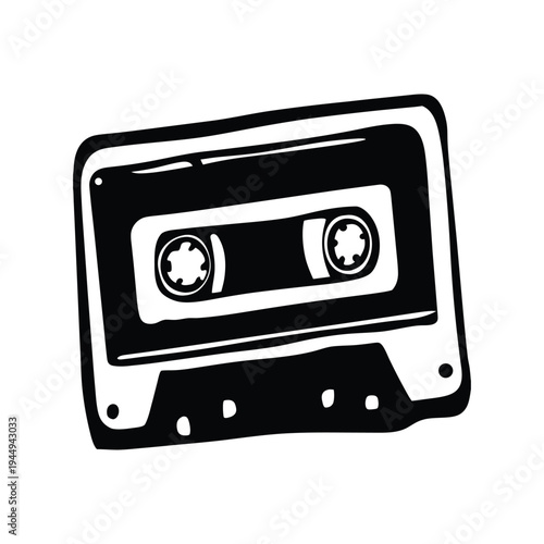 Black and white illustration of hand drawn style cassette tape vintage vector art