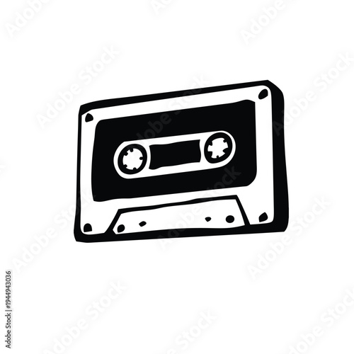 Black and white illustration of hand drawn style cassette tape vintage vector art