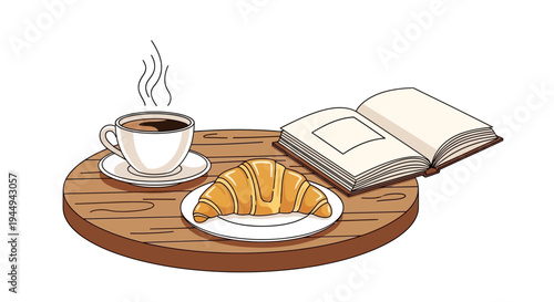 A delicious croissant and a hot cup of coffee next to an open book on a wooden table, perfect for a relaxing morning