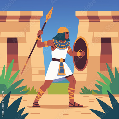 Egyptian Soldier Training with Weapons

Flat vector illustration of an Egyptian soldier practicing combat with spear and shield. Training ground near temple walls. Flat vector style,