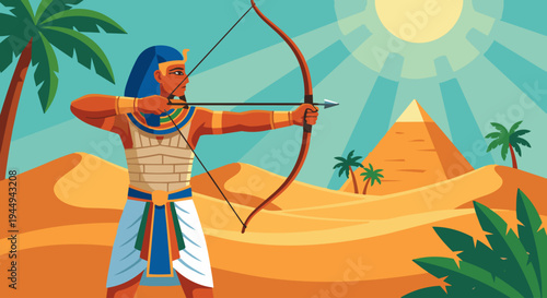 Egyptian Archer Preparing Bow

Flat vector illustration of an ancient Egyptian soldier pulling back a bow with arrow ready. Quiver on back, desert landscape and palm trees visible. Flat vector style 