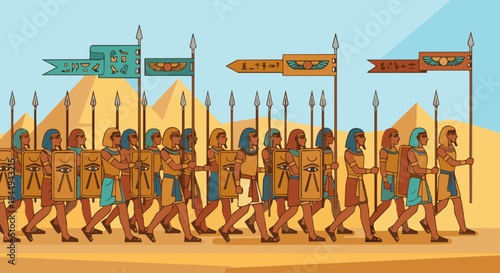 Egyptian Soldier Marching in Formation

Flat vector illustration of several Egyptian soldiers marching in formation with spears and shields. Egyptian banners visible. Flat vector style, 