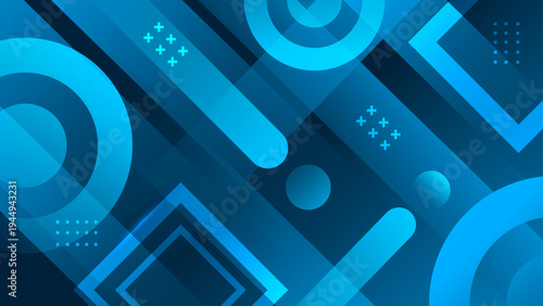 High resolution blue digital wallpaper featuring overlapping circles squares and diagonal stripes with a modern tech aesthetic