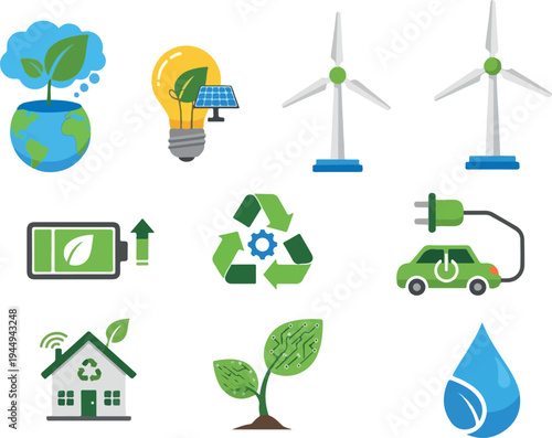 Sustainable energy and environment icons, representing eco-friendly practices and renewable resources