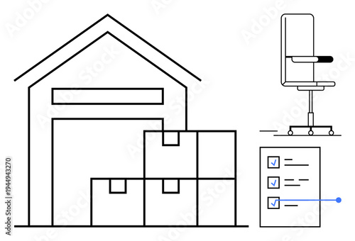 Logistics, inventory management, workspace organization, shipping, e-commerce, office setups. Warehouse with stacked boxes, office chair and checklist. Logistics and inventory management concepts