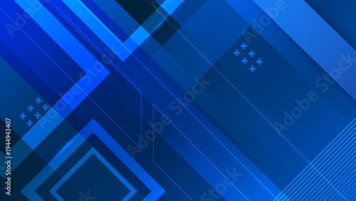 High-tech blue geometric background with square overlays and digital cross icons for IT and software themes