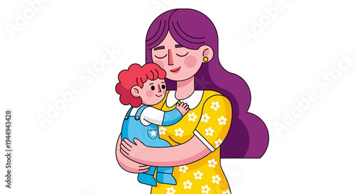 Adorable illustration of a joyful mother holding her sweet infant child, depicting warmth and maternal love