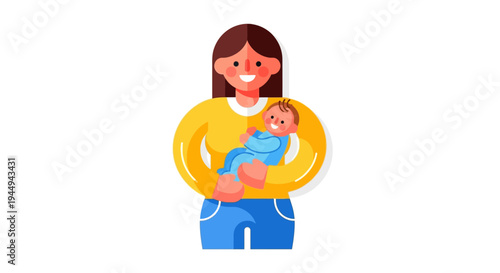 Illustration of a mother holding her newborn baby lovingly, depicting family and parenting