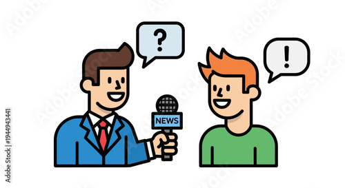 Journalist interviewing a person with speech bubbles showing question and exclamation marks, graphic illustration