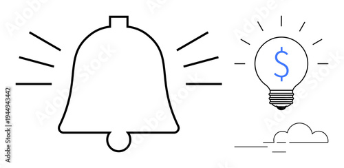 Notifications, financial planning, money-making ideas, reminders, alerts, innovative concepts. A ringing bell icon and light bulb with a dollar sign beside a cloud. Financial planning and reminders
