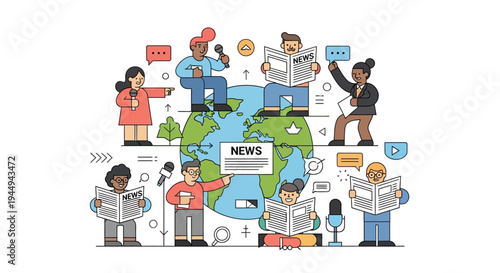 Global communication and media coverage of news events around the world, illustration
