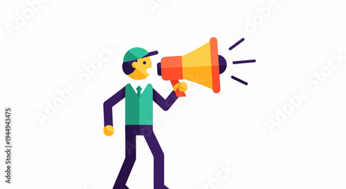 Flat design illustration of a person loudly announcing with a megaphone, symbolizing effective communication and public speaking for marketing campaigns