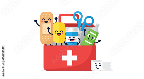 Funny first aid kit characters waving and smiling in a playful cartoon illustration