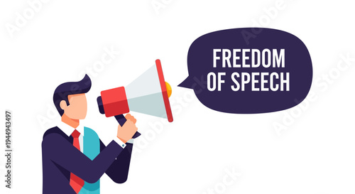 Professional male character using a megaphone to announce or protest, symbolizing the concept of freedom of speech and expression