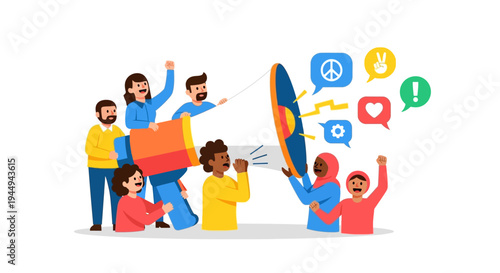 Diverse group of people using a megaphone to spread messages of peace, love, and communication with speech bubbles containing symbols
