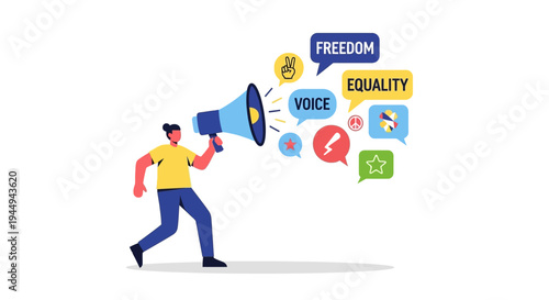 Activist with megaphone promoting freedom, equality, and voice through social justice messages