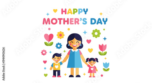Happy Mother's Day illustration featuring a mother with her two children surrounded by flowers and hearts, celebrating family love and appreciation