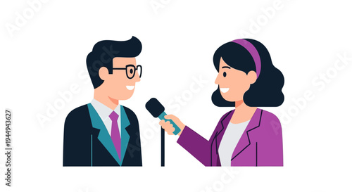 Professional Business Interview Female Journalist Engages with Male Speaker, Conducting an Important Media Conversation