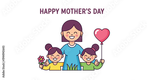 Vibrant vector illustration of a joyful mother embracing her two happy daughters, celebrating a heartwarming holiday of love and family togetherness