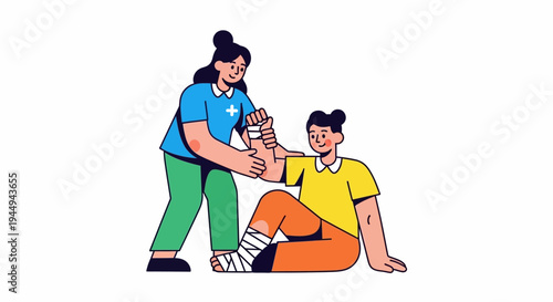 Caring healthcare professional providing first aid assistance to an injured person with a bandaged leg, emphasizing support and recovery