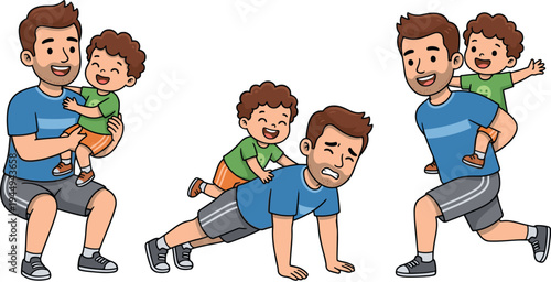 Cartoon illustration of a father and young son playing and exercising together, showing fun piggyback rides, playful moments, and family bonding in a colorful flat vector style.