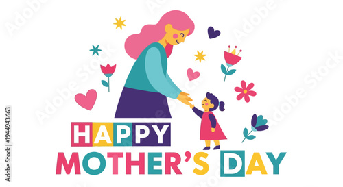 Vibrant Mother's Day illustration featuring a loving mother embracing her joyful child amidst blooming flowers and hearts, symbolizing a special family bond and appreciation