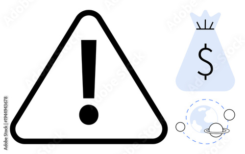 Warning triangle with exclamation mark, money bag with dollar symbol, planet with orbit lines representing risk, financial caution, and global connectivity. Ideal for finance, warnings, investments