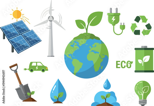 Illustrations of renewable energy sources, sustainable living, and environmental protection concepts